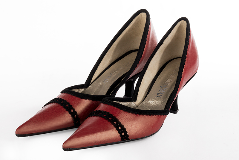 Cardinal red and matt black women's open arch dress pumps. Pointed toe. Medium spool heels. Front view - Florence KOOIJMAN